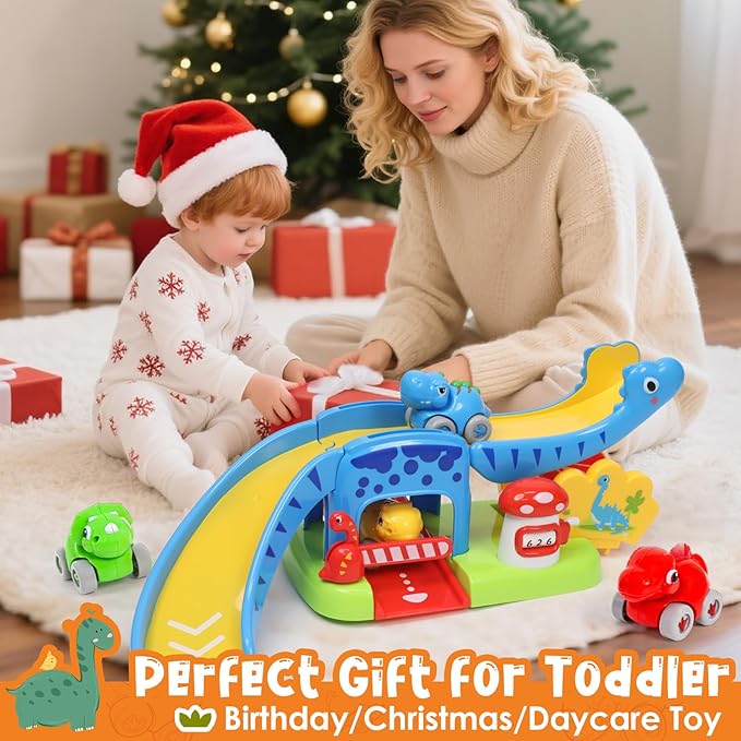 Toddler Toys for 1 2 Year Old Boy Gifts, Dinosaur Slide with 4 Dino Cars Montessori Learning Toys for Baby 12-18 Months, Educational First Birthday Gifts for Kids, Girls, Push Track for Toddlers 1-3