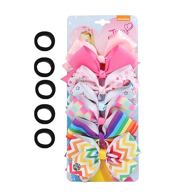 7pc 5" Large Hair Bows for Girls, JOJO Siwa Grosgrain Ribbon Hair Barrettes with Heart Emblem Accessories for Toddler
