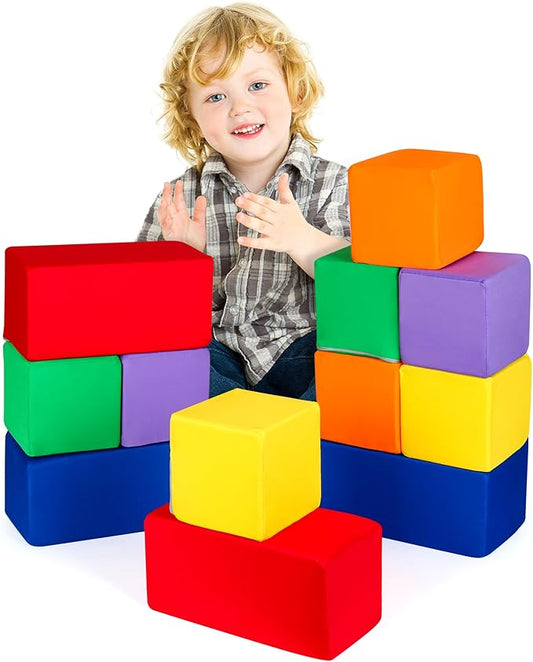 Toddler Foam Buliding Blocks - 12 Piece Fabric Covered in 2 Sizes Stacking Block Sets - Colourful Soft Play Set for Kids Idea for Building and Throwing Fun-Blue