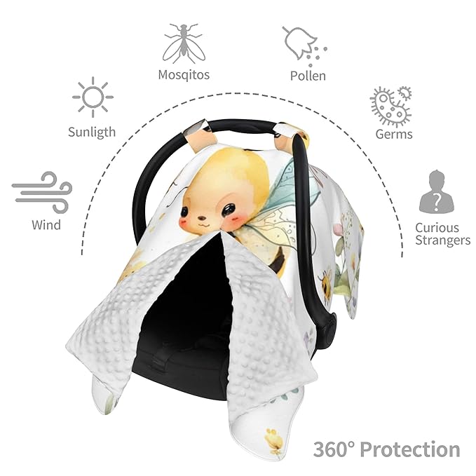 Personalized Winter Carseat Cover for Baby Custom Name Car Seat Canopy for Newborn Baby Boys Girls 2 in 1 Mom Nursing Breastfeeding Covers Bee Minky Baby Carrier Stroller Covers
