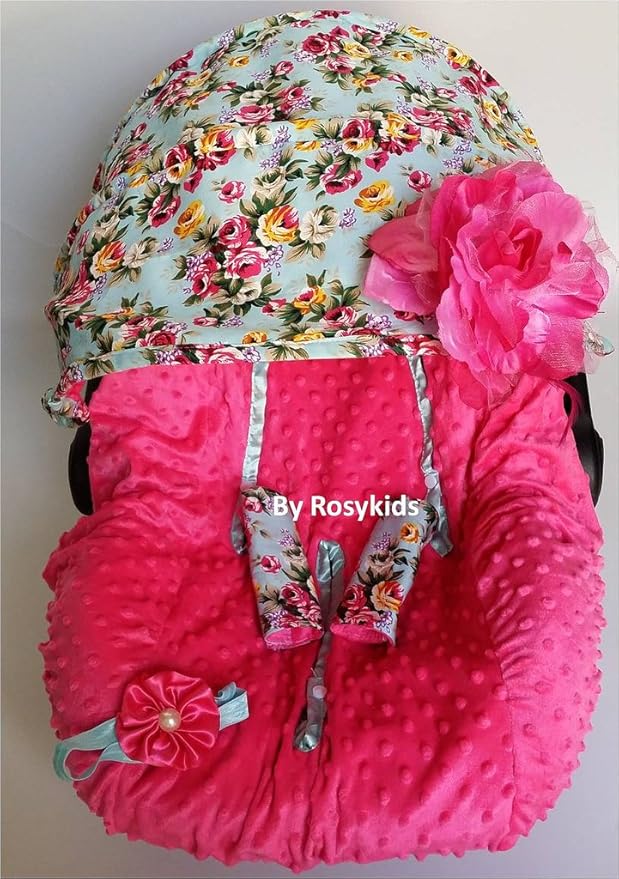 Rosy Kids Infant Carseat Canopy Cover 4pc Whole Caboodle, Baby Car Seat Cover Baby Blanket Outdoor Kit, Turquoise Blue Ground Rose Print