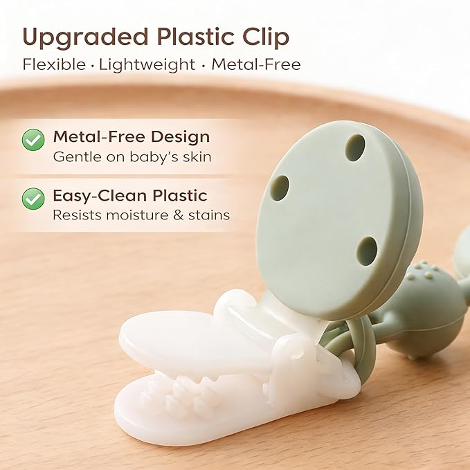 Baby Pacifier Clips One Piece Binky Clip Holder Silicone Teether Clip Pacifier Straps with Clip Baby Teether Toys for Boys and Girls Set of 3 Andy Bear-Ivory+Sage+Baby Blue