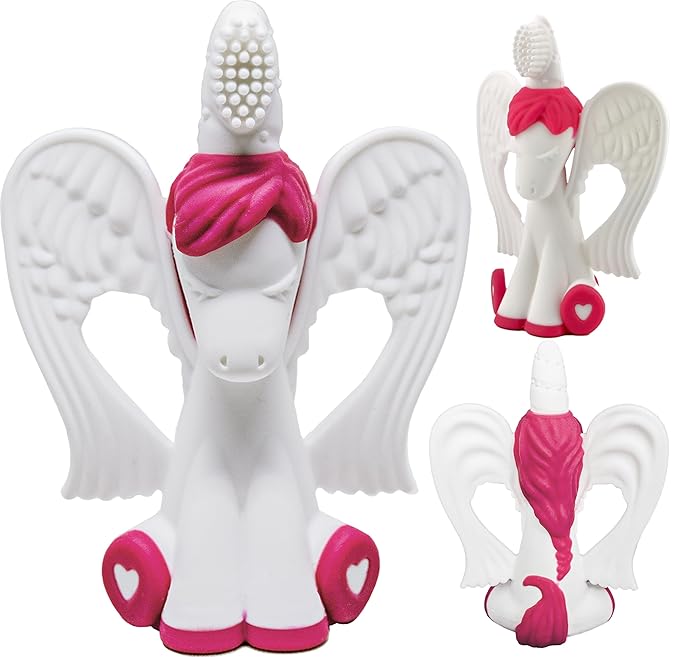 Baby Banana® Unicorn Toothbrush and Teether. Butter Soft Food Grade Bendable silcone with Feather bistles to gnaw on for All Baby Ages. Family-Owned Business.