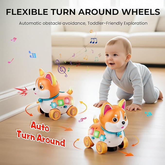 Musical Toys for 6 Month - 3 Year Old Boy Girl, Baby Toys Bilingual Educational with Music Light, Crawling & Walking Puppy for Birthday (Orange)