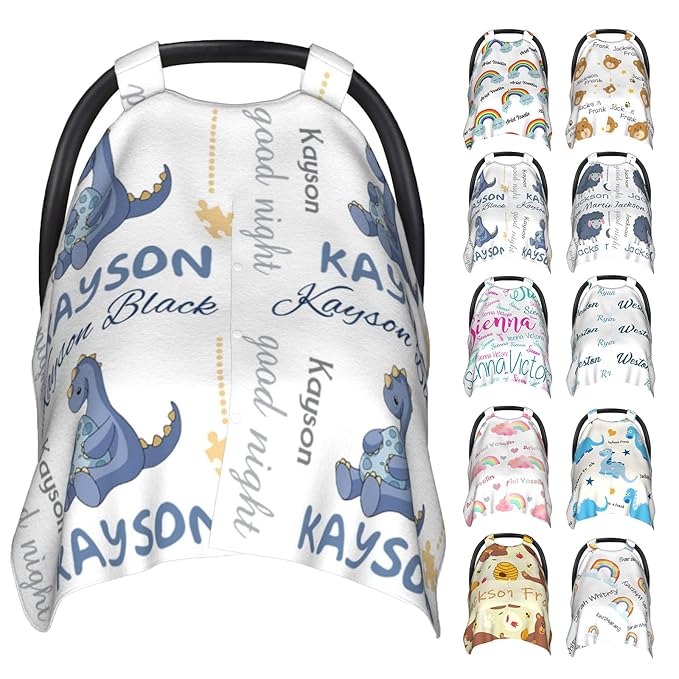 Personalized Baby Car Seat Cover Canopy with Name for Girls Boys Custom Dinosaur Baby Carrier Covers