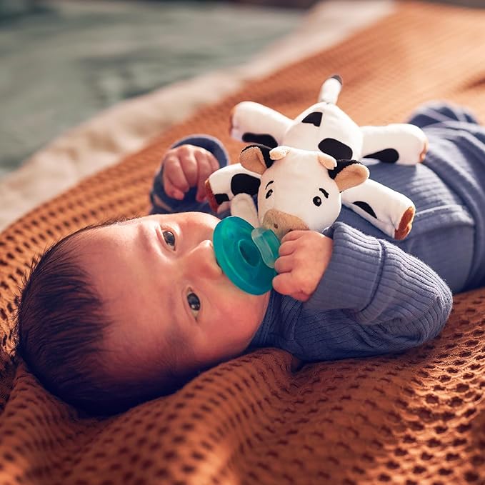 Philips Avent Soothie Snuggle Pacifier Holder with Detachable Pacifier,0m+,Cow,SCF347/05,(Pack of 3)