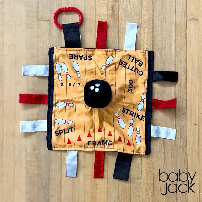 Baby Jack & Co 10x10 Bowling Sports Lovey Sensory Plush Blanket - Tag Toys for Babies - Baby Stroller Toys - Learn Shapes, Letters & Colors - Perfect MVP Baby Toy & Baby Sports Gift w/Stroller Clip