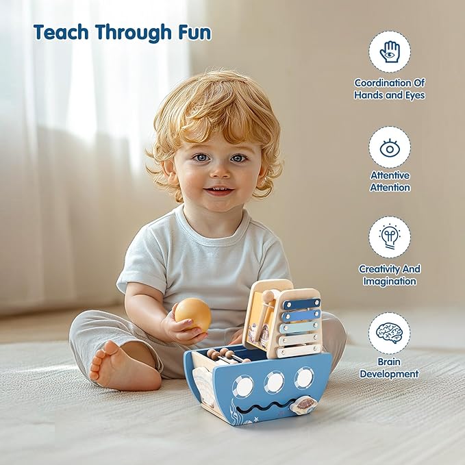 Promise Babe 5-in-1 Baby Wooden Activity Cube, Sea Ocean Montessori Toddler Toys for 1+ Year Old Boys Girls Gifts, Educational Learning Boat Toys for 1st Birthday Gifts for Kids