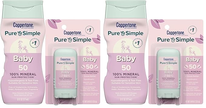 Coppertone Pure and Simple Baby Mineral Sunscreen Lotion SPF 50 (6 Fl Oz) + Baby Sunscreen Stick SPF 50 (0.49 Oz),Hypoallergenic and Fragrance Free,(Pack of 4)