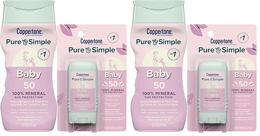 Coppertone Pure and Simple Baby Mineral Sunscreen Lotion SPF 50 (6 Fl Oz) + Baby Sunscreen Stick SPF 50 (0.49 Oz),Hypoallergenic and Fragrance Free,(Pack of 4)