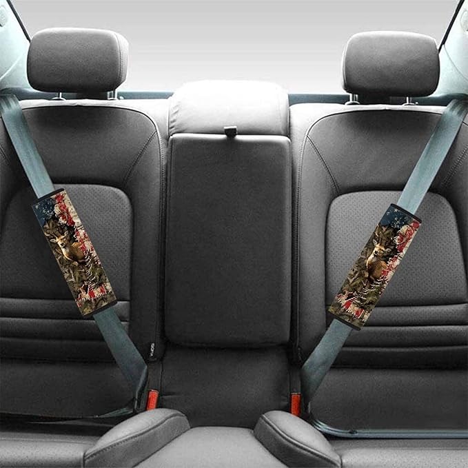AFPANQZ American Flag with Deer Car Safety Seat Belt Cover 2 Pack Truck Vans Sedans SUVs Seat Belt Pad Cushion Comfortable Shoulder Protectors Cover Cushion