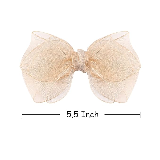 5.5-Inch Organza Double Hair Bows Alligator Clips Hair Accessories for Girls Toddler Kids Children Teens -Champagne Gold