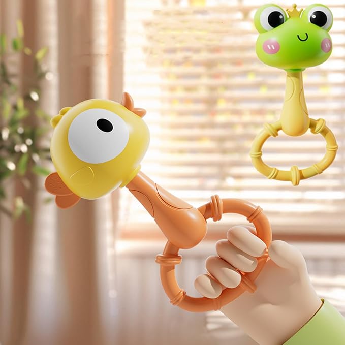 Infant Rattle and Teether Toy Set, 8PCS Baby Rattles Toys with Crinkle Sound,Teething Ring,Squeeze Toy for 3+ Months,Colorful Animal Design (Lion, Crab, Frog, Bird) for Sensory Development
