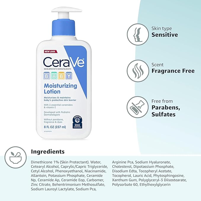 CeraVe Baby Lotion, Gentle Baby Skin Care with Ceramides, Niacinamide & Vitamin E, Fragrance, Paraben, Dye & Phthalates Free, Lightweight Moisturizer, 16 Ounce