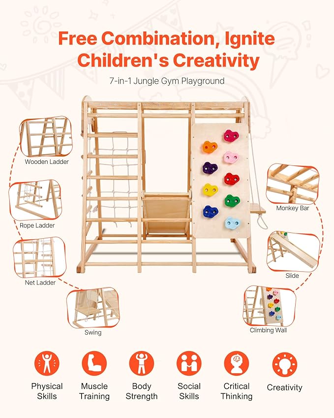 VEVOR Indoor Jungle Gym, 7-in-1 Toddler Indoor Playground, 47.2 x 58 x 56 inch, with Wood and Rope Ladder, Net Ladder, Swing, Monkey Bar, Slide, Climbing Wall, Wooden Indoor Climbing Toys for Kids