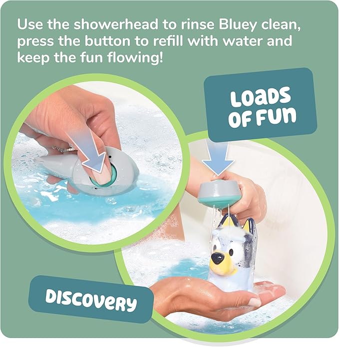 Shower & Scrub Bluey by TOMY Toomies - Create Your Own Bubbles - Includes Rinsing Showerhead and Removable Bluey Toy - Interactive Bath Toys - Ages 18 Months and Up
