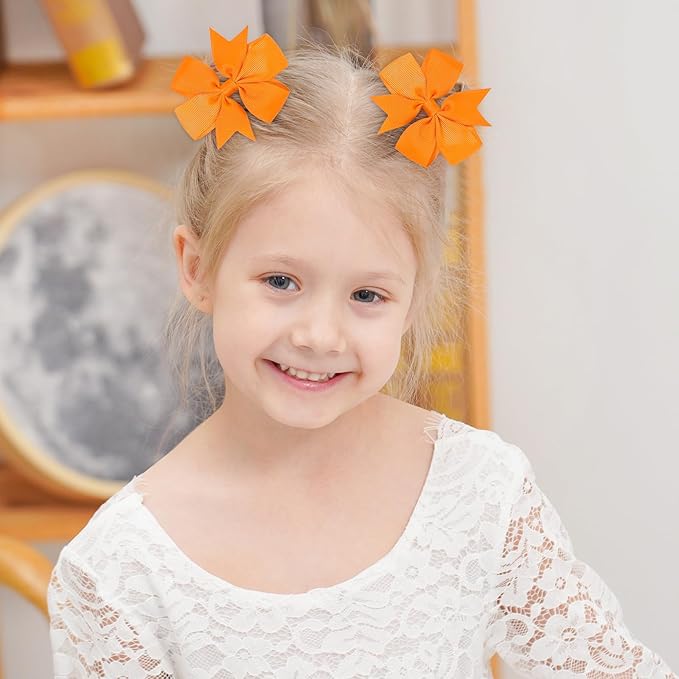 Choicbaby 3 Inches Hair Bows for Girls Orange Grosgrain Ribbon Pinwheel Hair Bows Clips Toddler Hair Clips for Birthday Baby Shower 6 Pack Photo Props