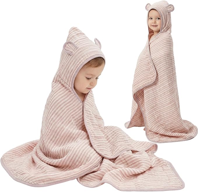 Ultra-Soft Muslin Toddler Hooded Towel – 55 x 28 Inches, Made with Organic Cotton, Gender-Neutral Dusty Pink Striped Jacquard Pattern, Ideal for Bath & Beach, Newborn to Toddler