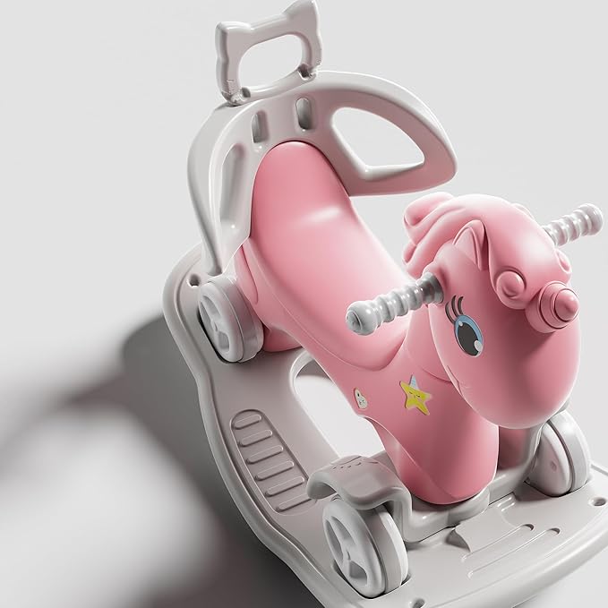 4 in 1 Rocking Horse for Toddlers 1.5-3 Years Old, Balance Bike Ride On Toys with Push Handle, Baby Rocking Toy Backrest and Balance Board for Baby Girl and Boy Fun Birthday Gift (Upgraded Pink)