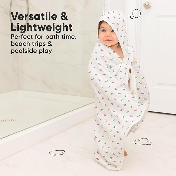 KeaBabies Muslin Baby Bath Towels with Hood for Girls,Boys-Large Organic Cotton Hooded Baby Towels for Newborns,Toddlers,Infant,Kids,Soft Absorbent Newborn Bath Essentials Gift Set(Roarsome, Regular)