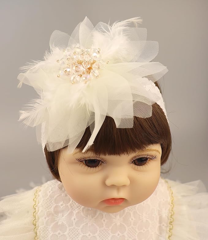Bethynas Baby Girls Lace Feather Headband Beads Gauze Flower Elastic Toddler Hairband Birthday Party Princess Hair Accessories for Newborn Infant (White)