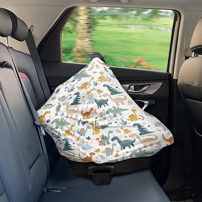 GIFTPUZZ Dinosaurs Child Stretchy Baby Car Seat Cover, Multiuse Nursing Breastfeeding Covers, Shopping Cart/High Chair/Stroller Canopy, Infant Full Protection Baby Car Seat Canopies for Boys Girls