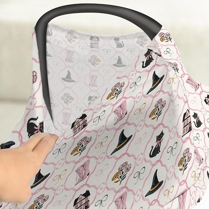 Cute Pink and Black Halloween Baby Car Seat Covers Witch Cat Castle Floral Bows Stretchy 5-in-1 Cover Adjustable Car Canopy Breastfeeding Cover Spooky Halloween Breathable Nursing Cover-Up
