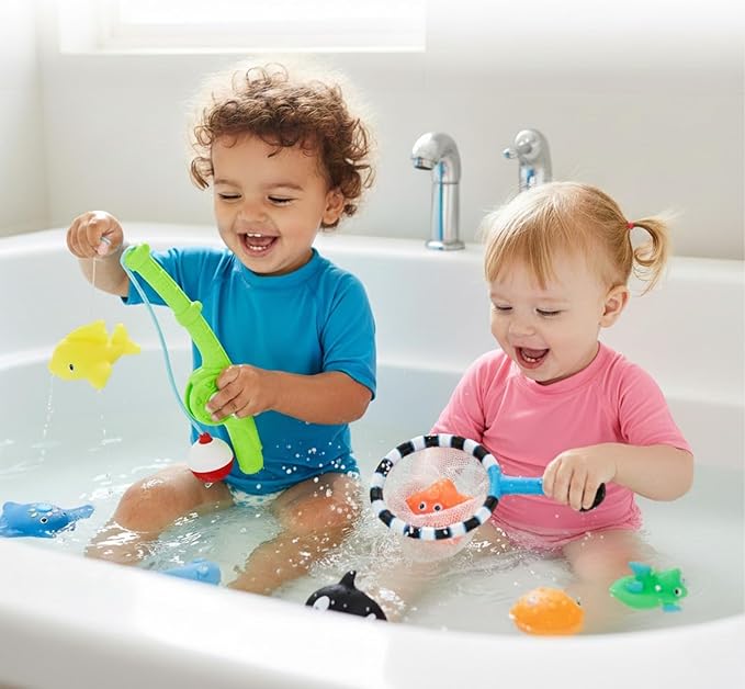 Magnetic Toddler Bath Toys - Kids Fishing Pool Game Set of 2 Fishing Poles, 8 Rubber Sea Animals, & Net - Water Toys with Mesh Organizer Bag