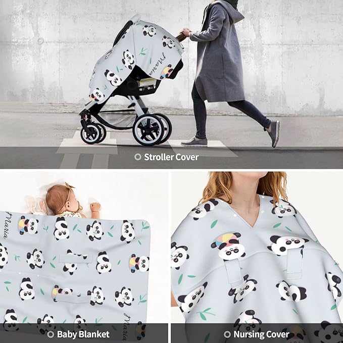 Personalized Cute Panda Bamboo Baby Infant Car Seats Canopy for Baby with Name, Custom Lightweight Covers for Baby Boys Girls, Minky Nursing Breastfeeding Stroller Cover Canopies for Newborn