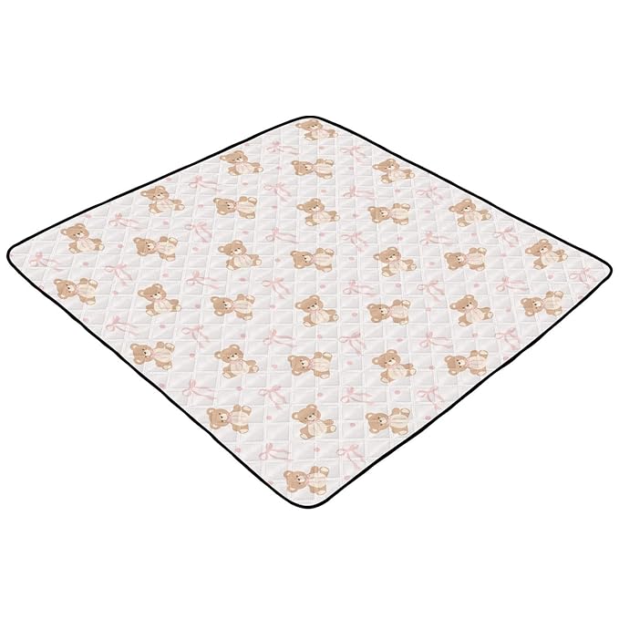 Baby Play Mat Animal Bear Pink Ribbon Bow 50 x 50 Playpen Mat Baby Play Mats for Floor Play Gym Crawling Mat Non-Slip Cushioned Baby Playmat for Infants, Babies, Toddlers
