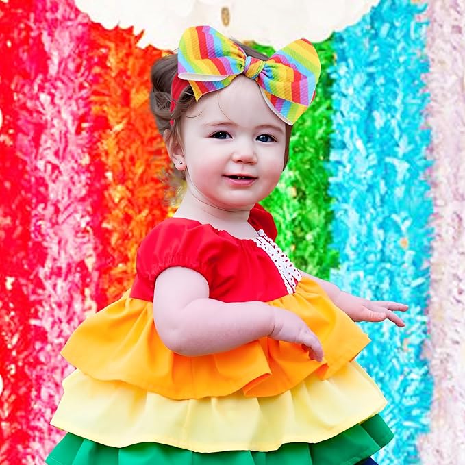 Toddler Hair Bows Gay Pride Hair Accessories, 2 Pcs 6 inches Rainbow Newborn Headbands Big Bows for Infant Girl - Rainbow Diagonal Stripe & Rainbow Stripe with White Heart Patterns