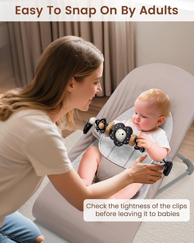 TinlyFinly Baby Bouncer Toy Bar Wooden Compatible with Baby Bjorn Bouncers, Bouncer Toy Attachment Tight and Secure Fit, So Fun to Watch, Touch and Spin for Babies All Ages (Black and White Flower)