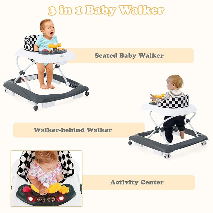 INFANS Foldable Baby Walker, 3 in 1 Toddler Walker Leaning-Seated Walk-Behind with Removable Music Tray, Adjustable Height, Washable Seat Cushion for Boys and Girls (Checkerboard)