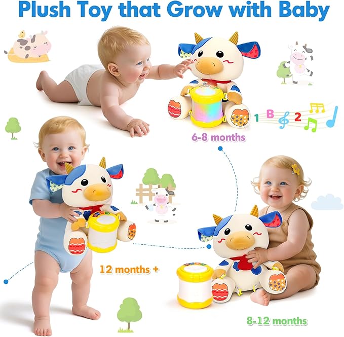 Hodurgyi Baby Toys 6-12 Months, Cow Musical Plush with Lights, ABCs, Animal Sounds, Numbers, Infant Early Learning Toy,Christmas Birthday Gifts for 6+ Month Boys &Girls