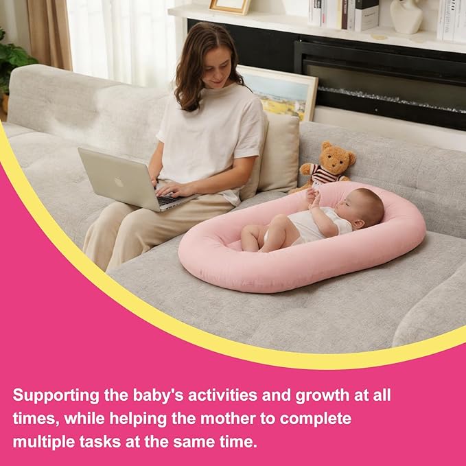 Baby Lounger for Newborn, 0-24 Months, Soft Cotton, Infant Lounger for Home and Travel, Portable Playtime Baby Nest, Including Cover(Pink), Pallet of Product