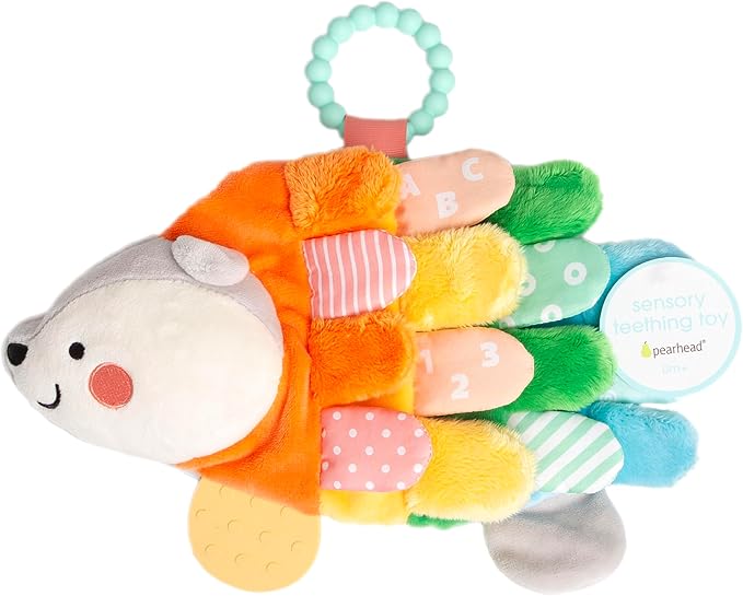 Pearhead Hedgehog Sensory Toy, Plush Lovey with Crinkle Tabs and Silicone Teether for Babies 0m+, Infant Development Toy