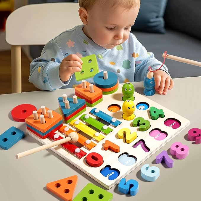 4-in-1 Wooden Activity Board for Toddlers Kids - Montessori Learning Toy with Magnetic Fishing, Number Blocks Puzzles, Shape Sorter & Xylophone - Educational Gift