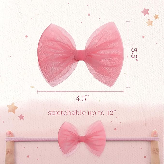 4 Pcs 4.5’’ Organza Lace Bow for Baby Girls White Headbands Pink Mesh Hair Bows Baby Shower Gifts for Newborn Infant Toddler Girl