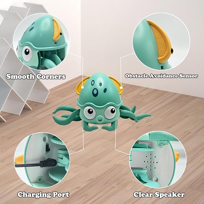 Crawling Octopus Baby Toys, 2024 New Infant Tummy Time Toys with Music Led Light,USB Rechargeable,Babies Walking Musical Toy Fun Moving Toy for Toddler Boy Girl Gifts, Green