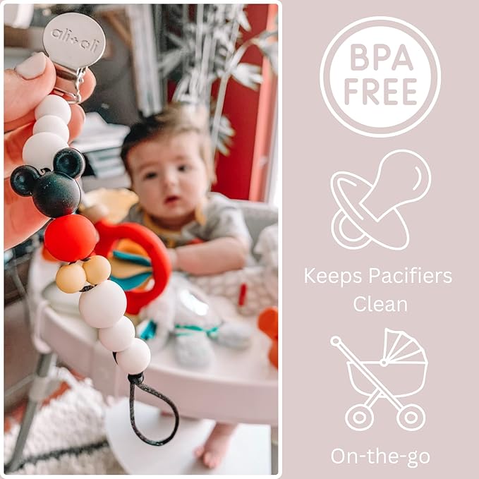 Ali+Oli Silicone Pacifier Clip for Baby (Mouse) 100% Food-Grade BPA Free Newborn Pacifier Holder Infant Binky Clip for Baby Boy or Girl