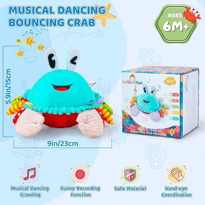 Baby Toys 12-18 Months, Musical Crawling Toys Baby Crab Plush Toy, 50 Songs & Recording Feature, Dancing Bouncing Interactive Baby Sensory Toddler Toys 6-12 Months, Tummy Time Toys for 1 Year Old Gift