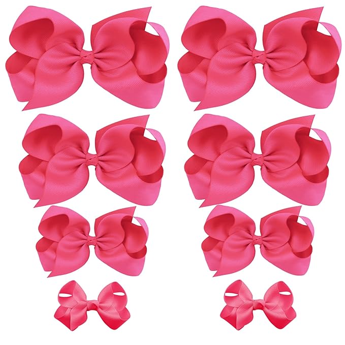 Oaoleer 8PCS Hair Bows for Girls Hot Pink Grosgrain Ribbon Boutique Bow Alligator Clips Hair Accessories for Toddlers Little Girls Kids (8inch, 6inch, 4.5inch, 3inch in Pair)