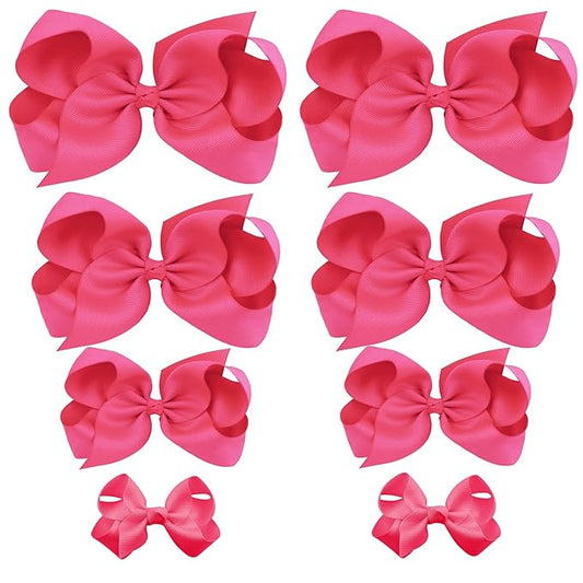 Oaoleer 8PCS Hair Bows for Girls Hot Pink Grosgrain Ribbon Boutique Bow Alligator Clips Hair Accessories for Toddlers Little Girls Kids (8inch, 6inch, 4.5inch, 3inch in Pair)