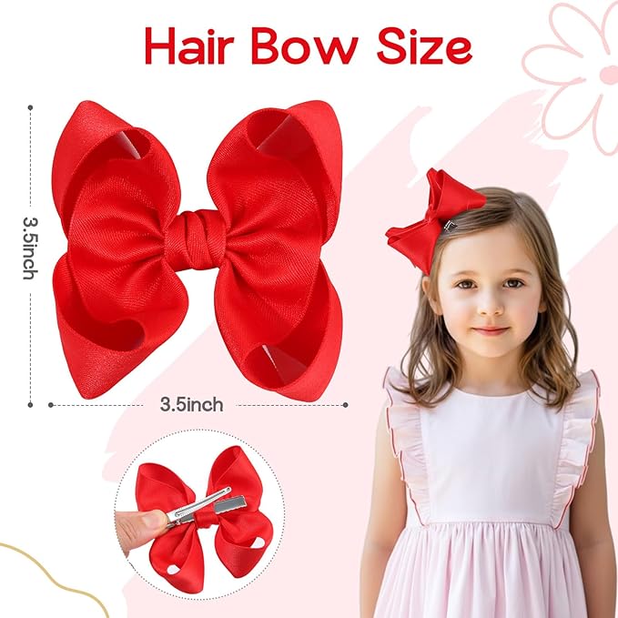 OAOLEER 2PCS 3.5inch Hair Bows for Girls，Red Stain Ribbon Hair Bows Alligator Clips Hair Accessories for Back To School Teen Toddler Girls Kids (Red)