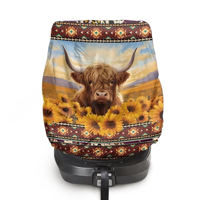 Car Seat Protector Baby Car Seat Sun Shade Cover, Keeps Baby's Carseat at Cooler Temperature, Blocks Out Heat & Sun UV Covers, Universal Toddler Car Accessories, Highland Cow Aztec Sunflower