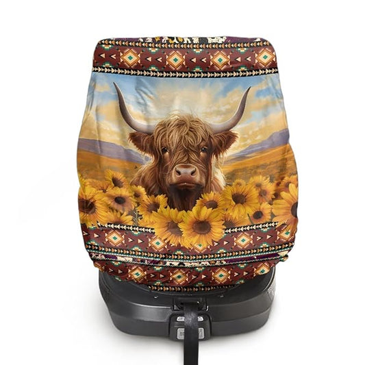 Car Seat Protector Baby Car Seat Sun Shade Cover, Keeps Baby's Carseat at Cooler Temperature, Blocks Out Heat & Sun UV Covers, Universal Toddler Car Accessories, Highland Cow Aztec Sunflower