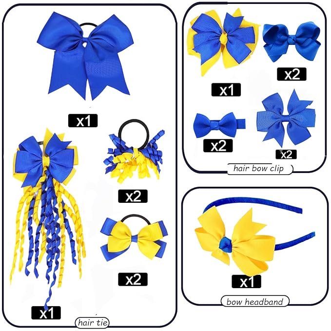 School Hair Accessories Set 14 Pcs Uniform Hair Bow Headband Clips Hair Ties Curly Korker Bows for Little Toddler School Girls (Blue Yellow)