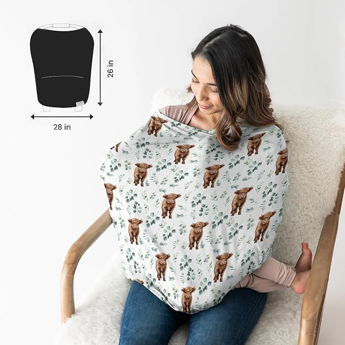 HawSkgFub Highland Cow Eucalyptus Leaf 5-in-1 Car Seat Cover for Baby Boy Cow Lover Gift, Western Cowboy Privacy Breastfeeding Nursing Cover, Newborn Infant Multi-use Carseat Canopy Carrier