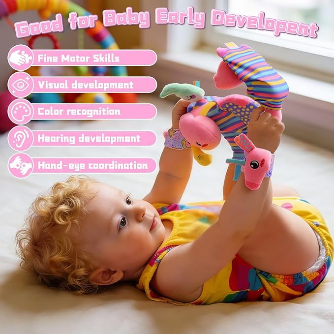 Baby Toys 0-6 Months, Rattle Socks and Wrist Sensory Toys for Infants, Socks and Foot Finder Set with Sound for Babies 6-12 Months, 0-12 Months Newborn Essentials Toy, Baby Girl Shower Gifts - Pink