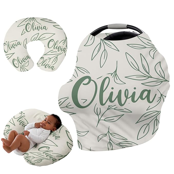 Custom Car Seat Covers for Babies - Breathable Baby Car Seat Cover for Girls Boys, Green Leaf Kick-Proof Newborn Carrier Canopy Stretchy Stroller Cover for 4 Seasons